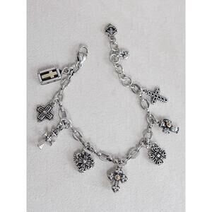 Brighton Eternity Cross Charm Bracelet Two Tone Silver Gold 7-8" Lobster Clasp
